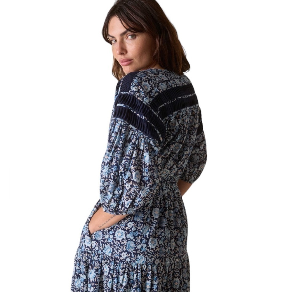 St.Roche Navy Floral HYPERION Midi DRESS Handloom Organic Cotton Size US 2